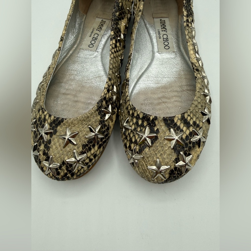 Jimmy Choo Beige Python Embossed Leather Windsor Star Embellished Ballet Flats - Picture 14 of 16